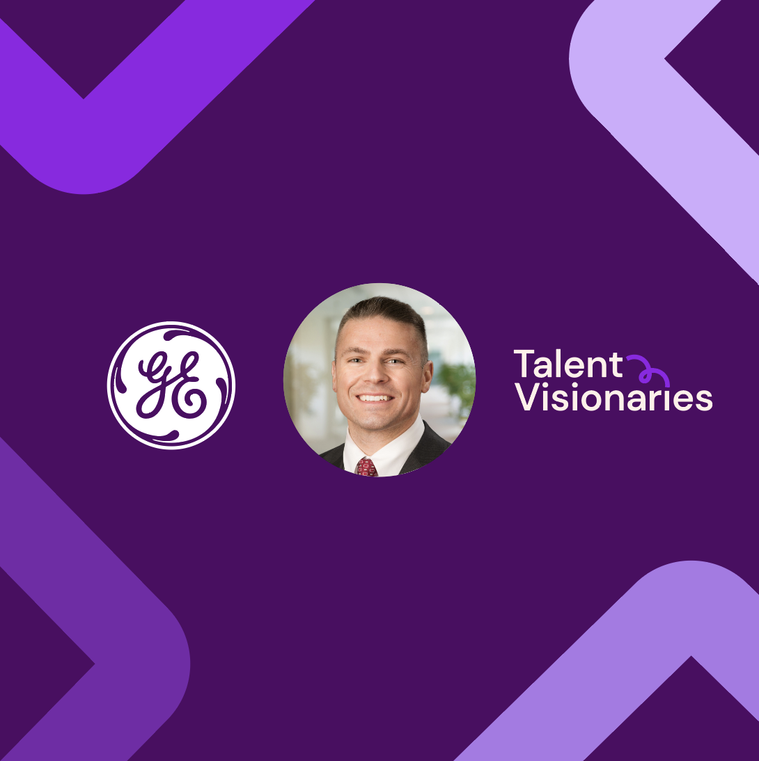 A cropped, circular headshot of Sean Murphy, Head of Global TA Operations for GE's corporate offices, with a GE logo to the left, and "Talent Visionaries" logo to the right, all on a dark purple background.