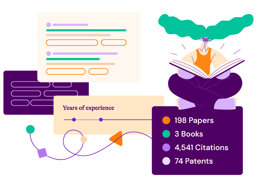 Illustration of expertise filters and character reading a book