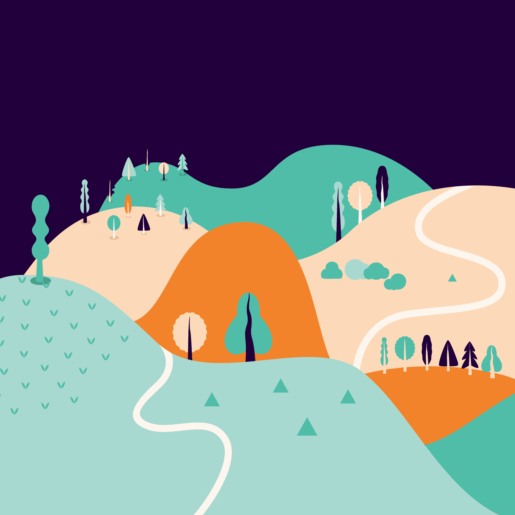 an illustration of a pathway winding through tree-dappled hills meant to represent an organization's journey toward becoming skills-based