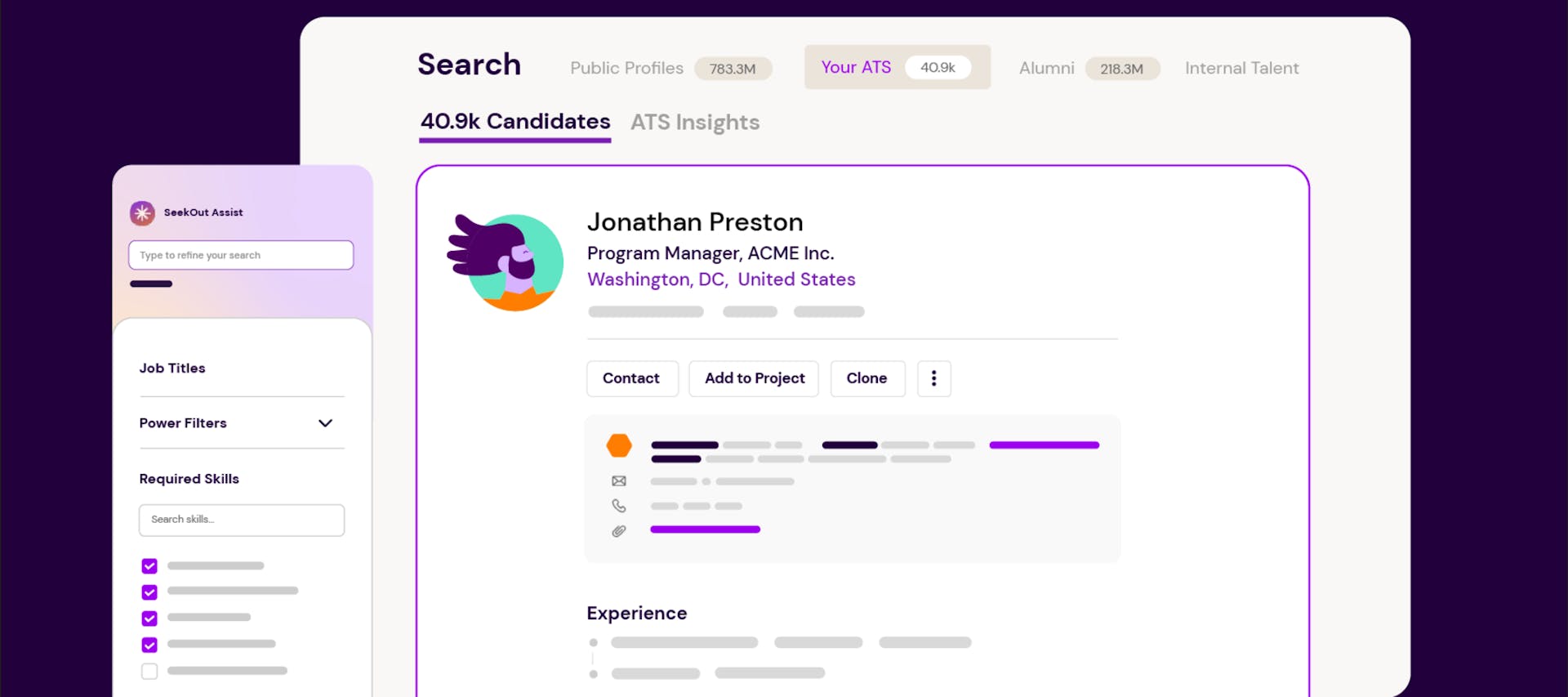 An image of SeekOut's search function and sample candidate from the results