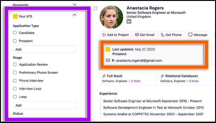 An example showing how SeekOut's iCIMS integration enables recruiters to easily find past applicants with updated profile information. 