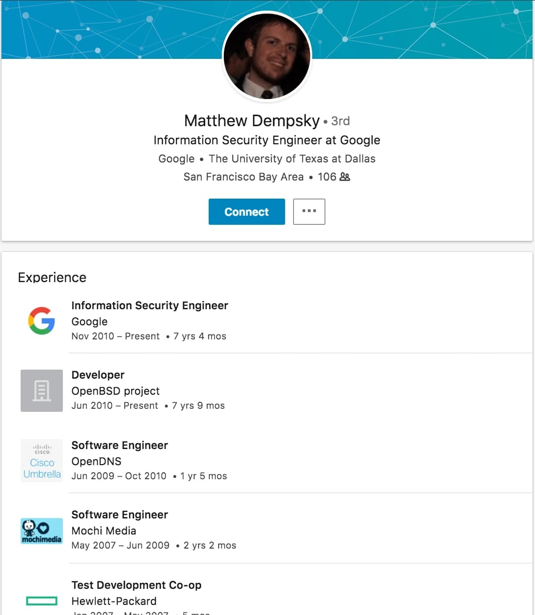 A screenshot of a person's LinkedIn profile.