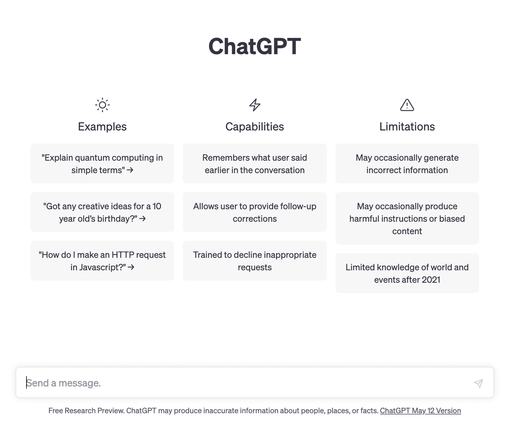 A screen capture of ChatGPT's home page