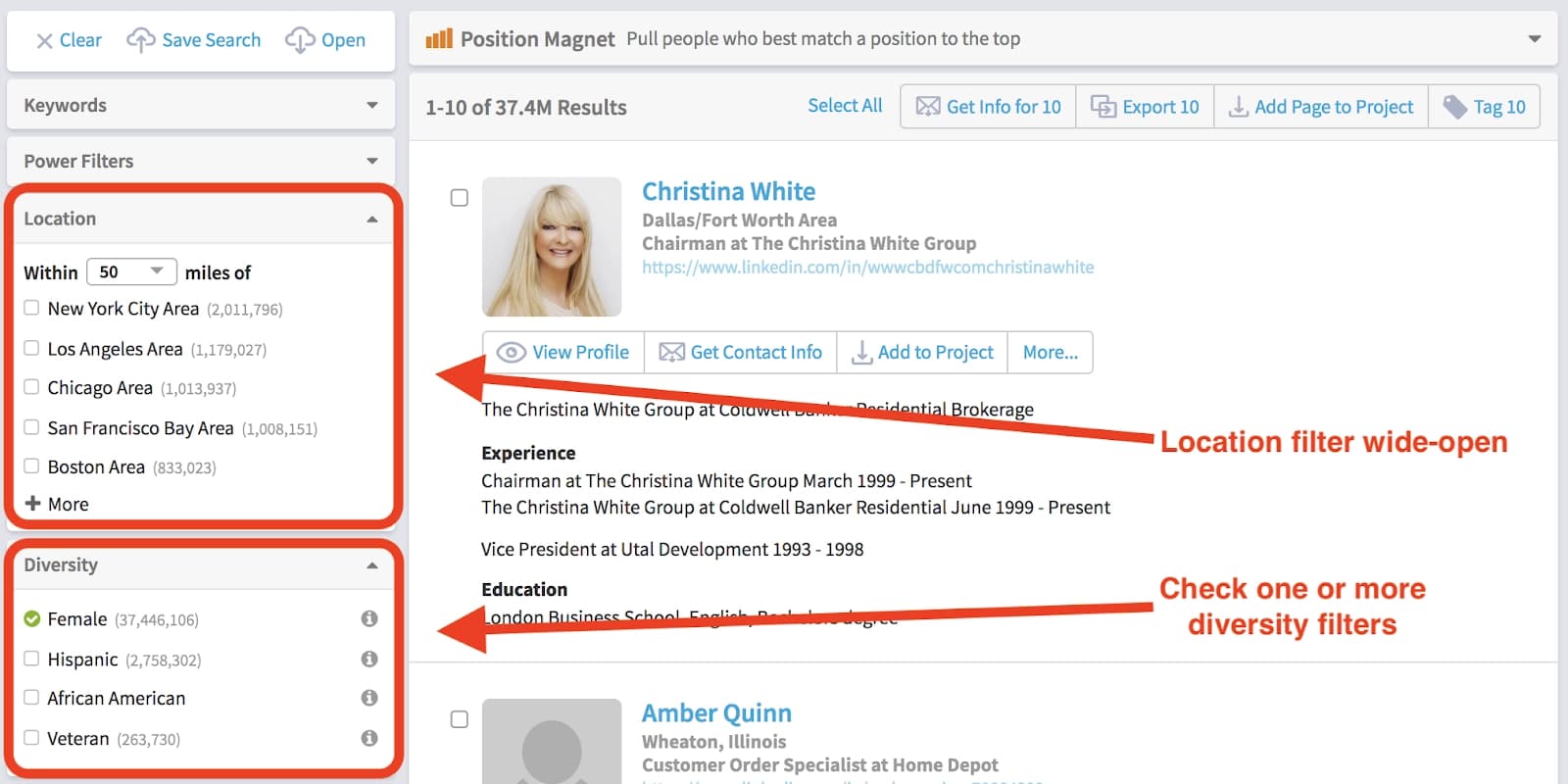An image of the SeekOut application with location and diversity filters.