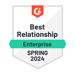 A G2 badge for Best Relationship, Enterprise Spring 2024