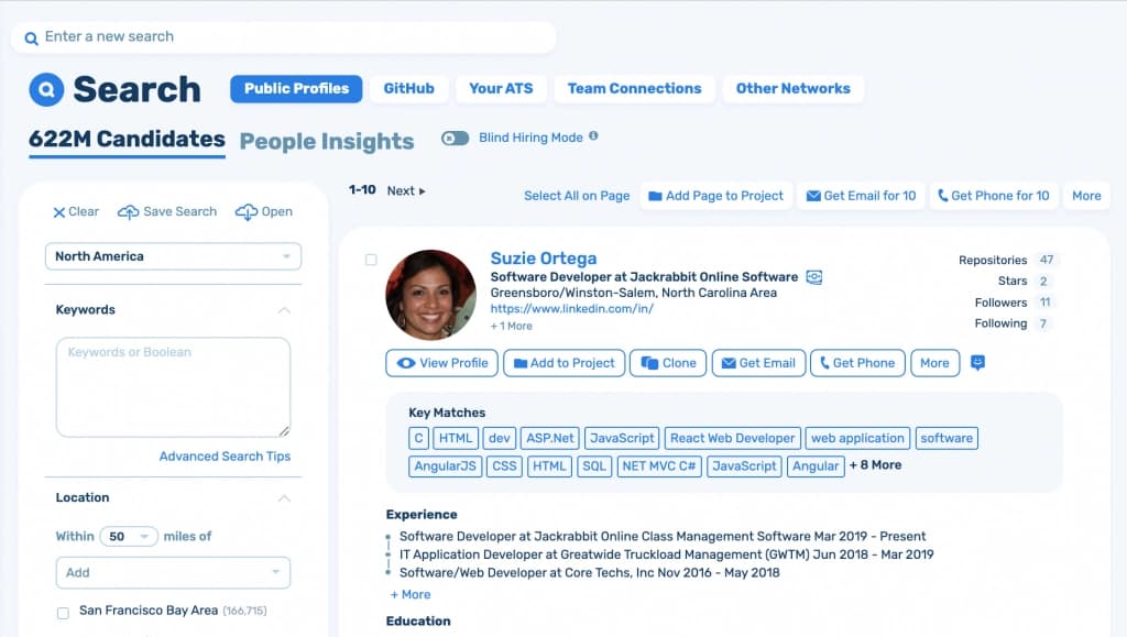 SeekOut application's search results.