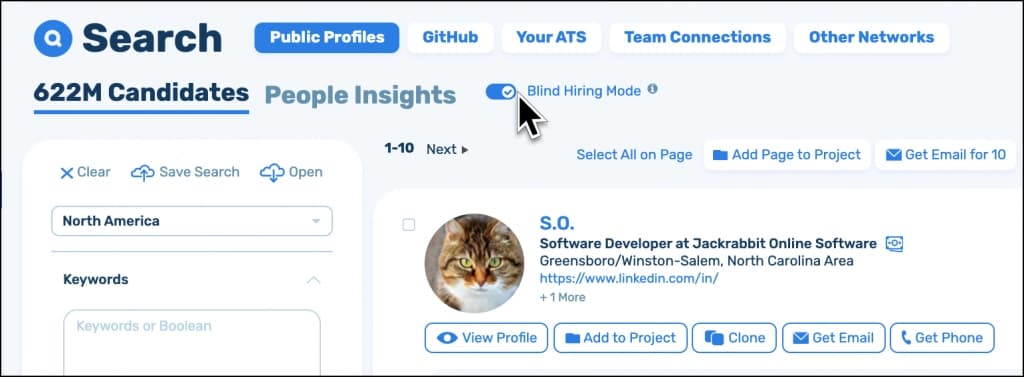 SeekOut application's "Blind Hiring Mode".