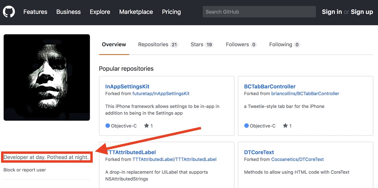 A screenshot of a person's GitHub profile.
