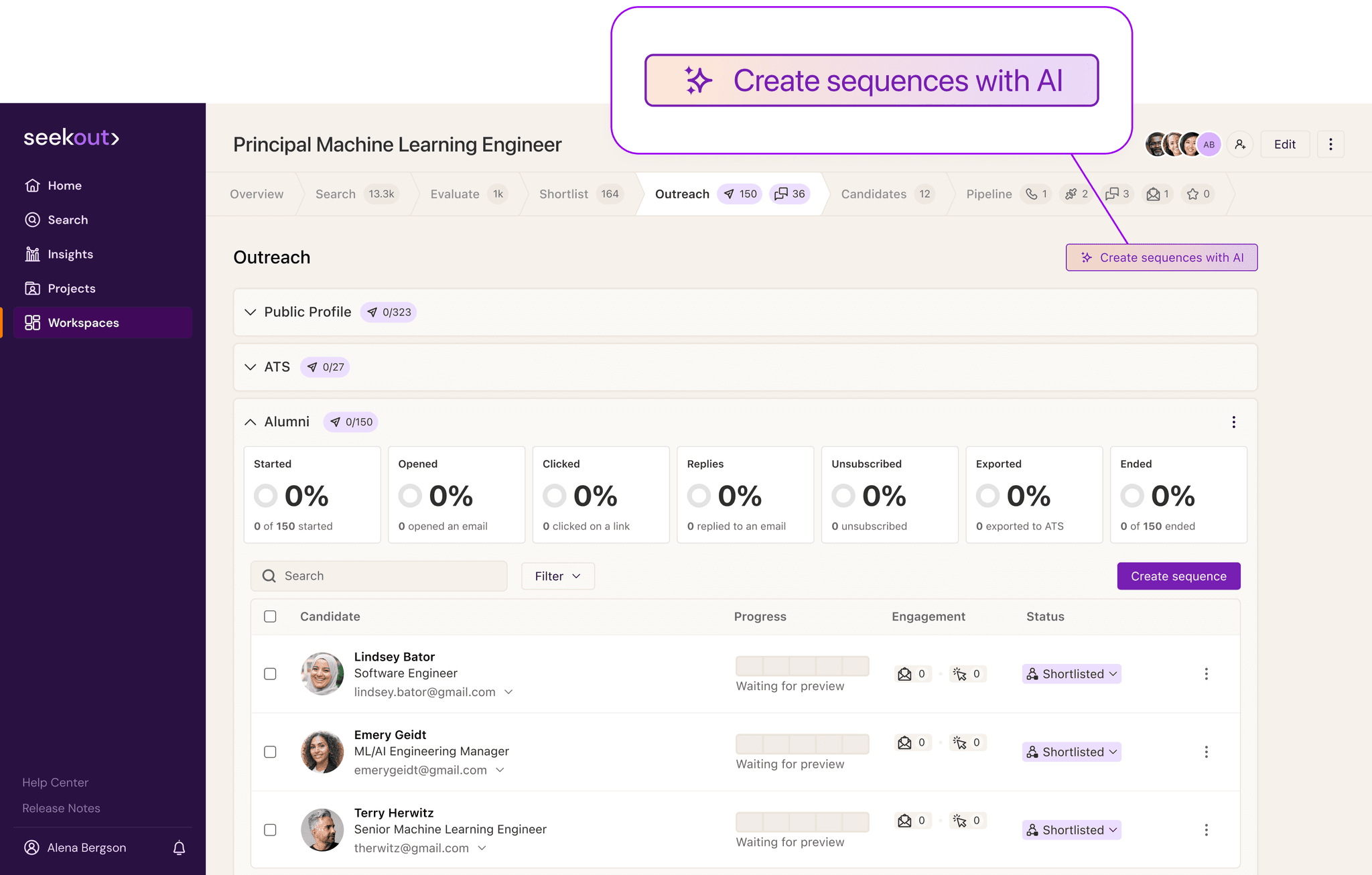 Workspaces pre-outreach image: highlighting create AI sequences
