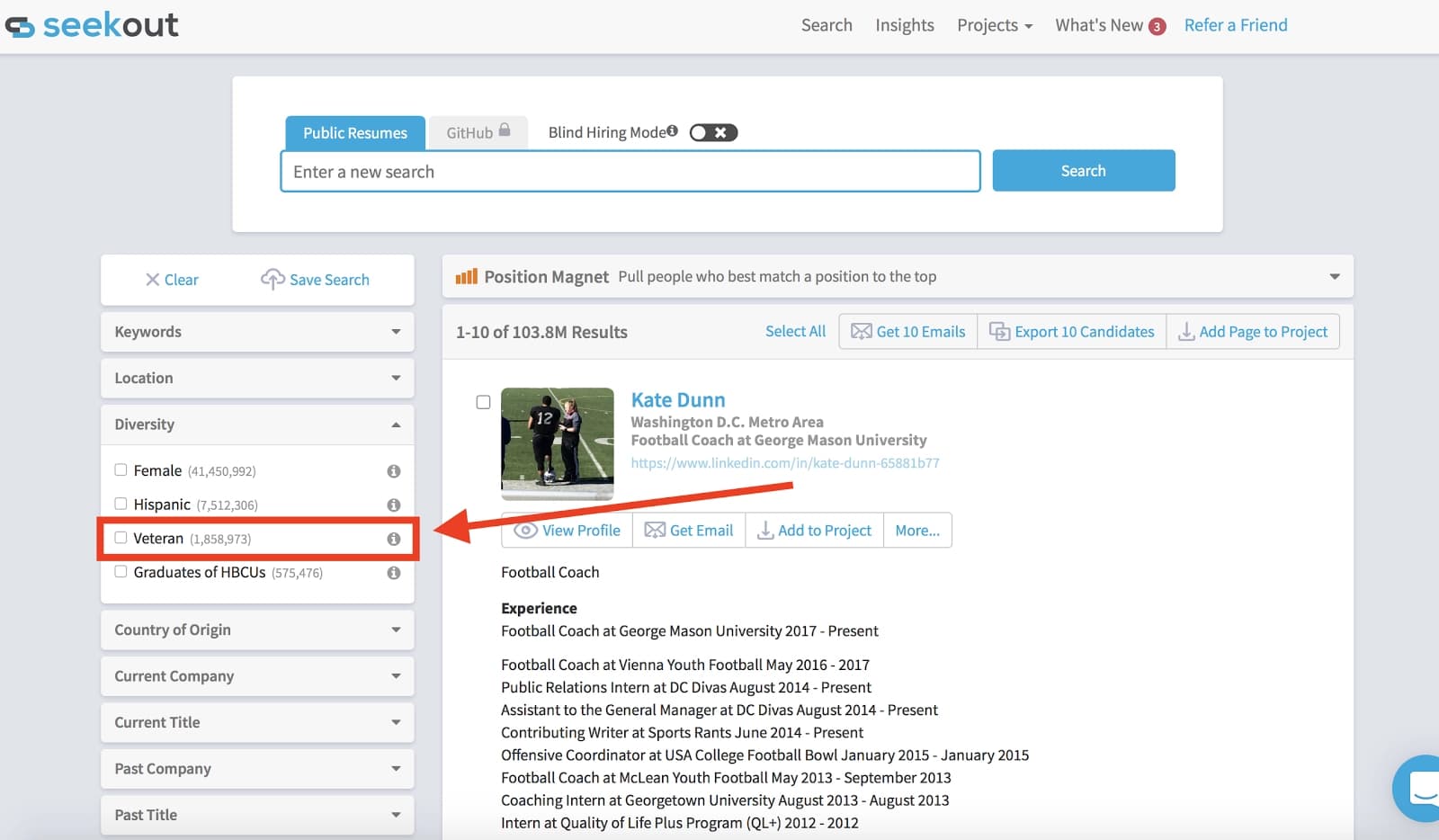 A screenshot of SeekOut application's military filter.